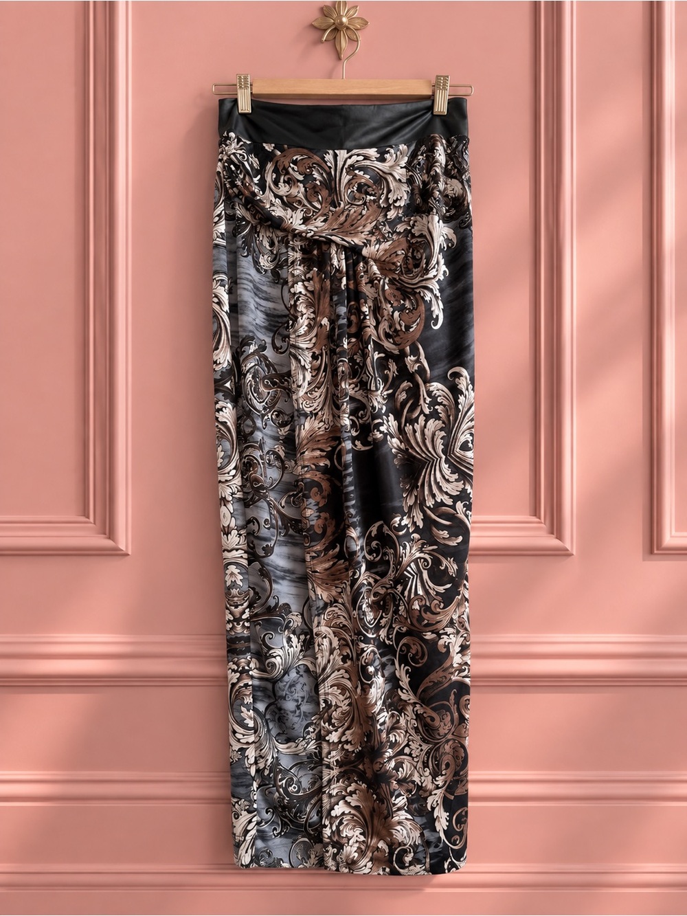 Y2K Maxi Skirt with Black and Brown Baroque Print